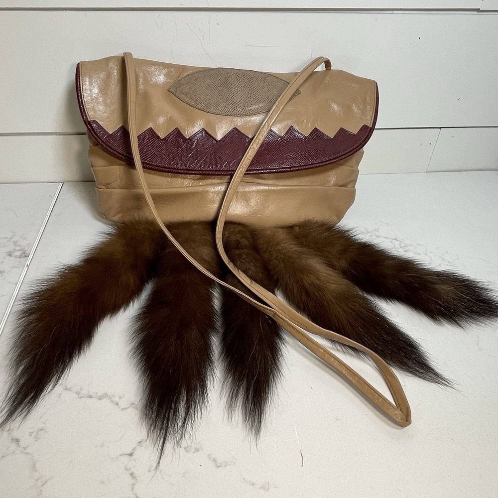 Vintage Leather Timmy Woods Purse Beverly Hills 1977  Dangling Fur Mink Tails